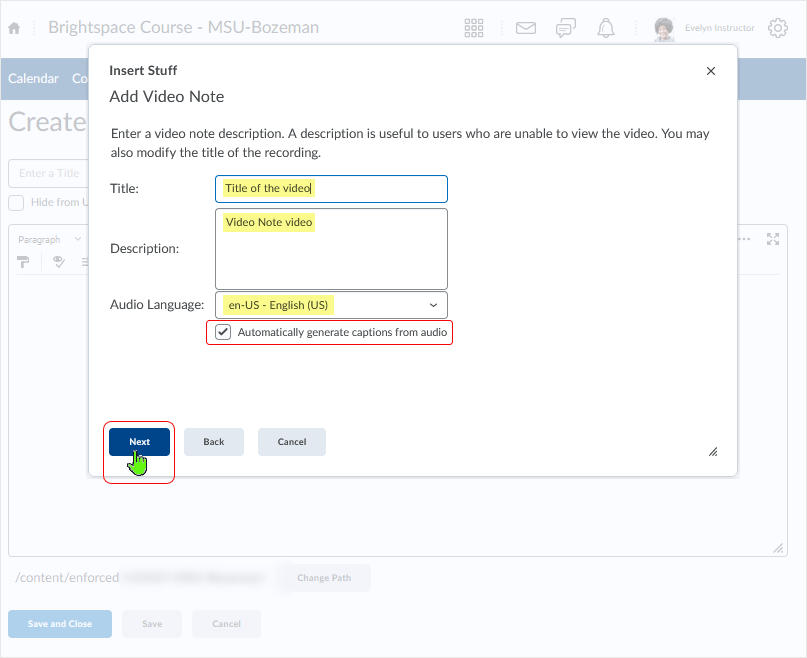 D2L CD 20.21.9 screenshot - enter a description to move forward in the process