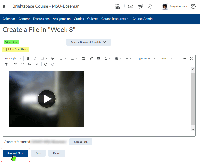 D2L CD 20.21.9 screenshot - selecting "Refresh Preview" button will cause video to display for review - choose to "Insert" or move "Back"