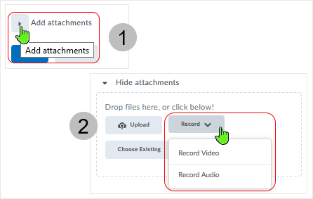 D2L CD 20.21.9 screenshot - selecting "Add Attachments" to access "Record" options
