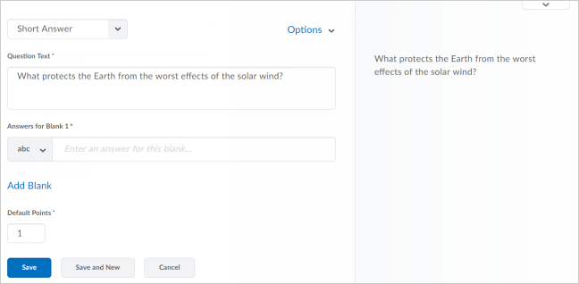 D2L created screenshot - Creating a Short Answer question in the updated interface in the Quizzes tool