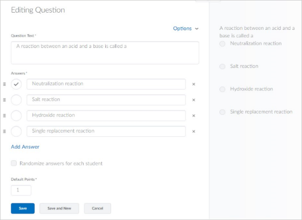 D2L created screenshot - Editing Question and preview screen