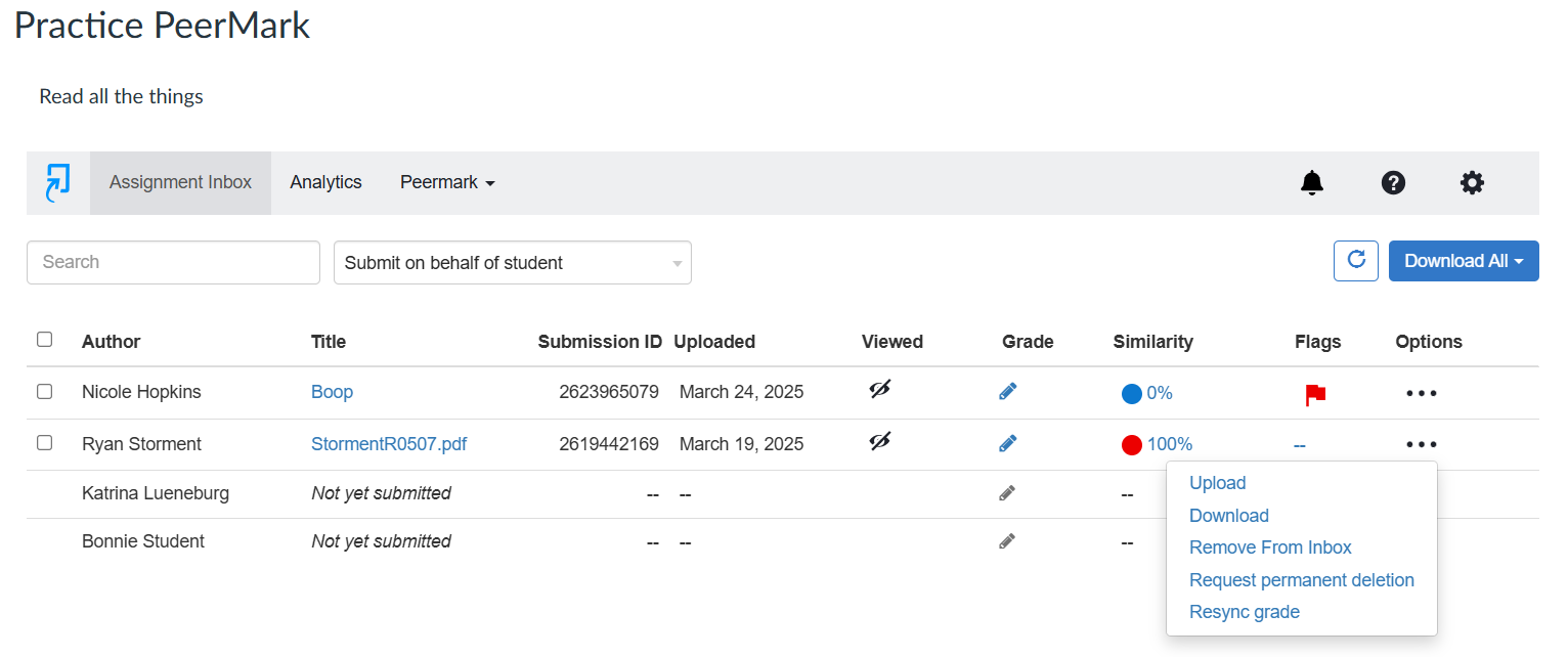 Peermark dropdown options for individual student submissions