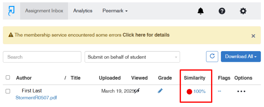 Turnitin video with a list of students, their papers, and a score for their submission outlined in red