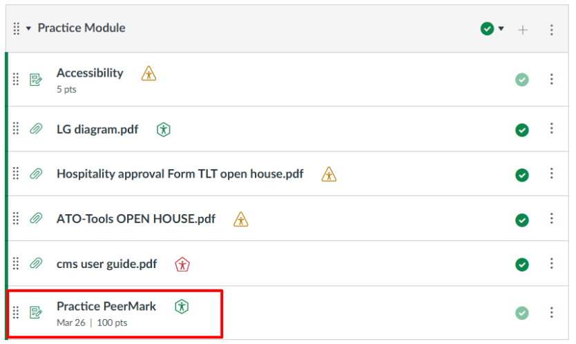 Canvas module with several assignments listed and one assignment "peermark practice" outlined in red