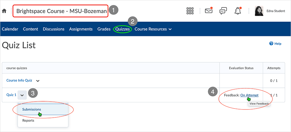 Brightspace screenshot - CD 20_20_04 - access course quiz area and select "Submissions" from either the contextual menu associated with the quiz or via the "View Attempt" link