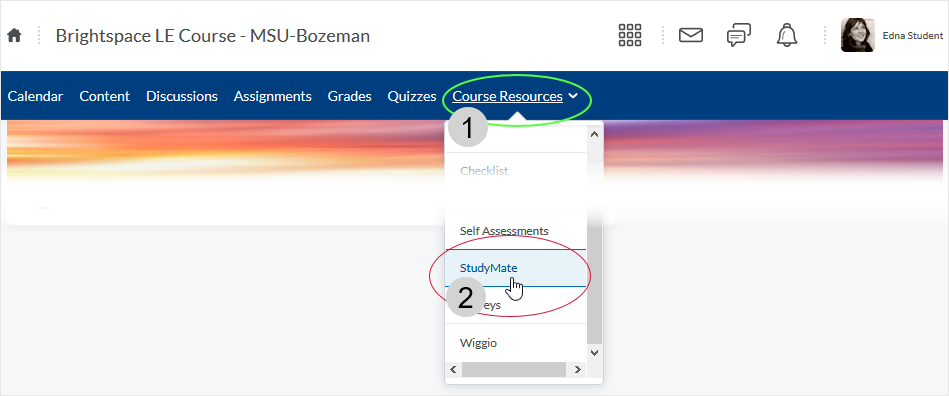 Brightspace_StudyMate screenshot 20.19.10 - select Course Resources drop menu and then select StudyMate