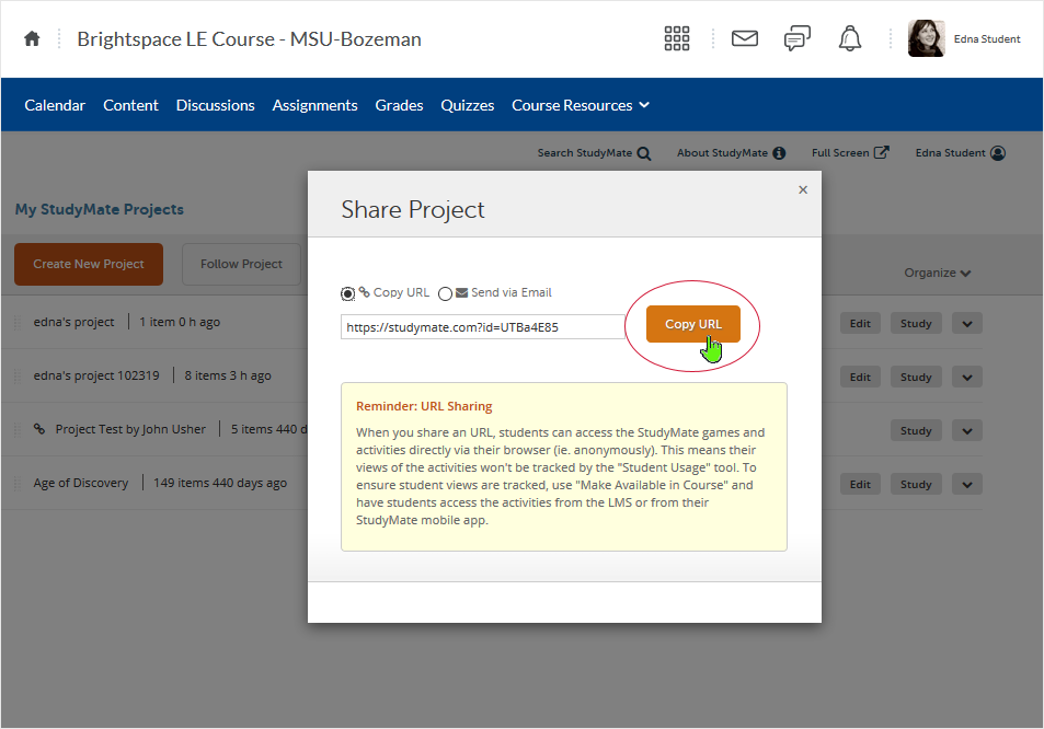 Brightspace_StudyMate screenshot 20.19.10 - select the "Copy URL" button to capture the URL to assist in distribution of the project to others