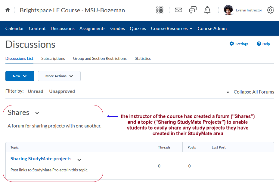 Brightspace_StudyMate screenshot 20.19.10 - a discussions area has been set up with a forum and a topic - this will allow sharing the URLs with other classmates