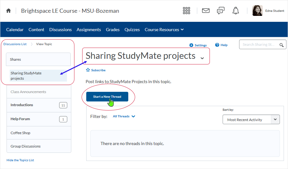 Brightspace_StudyMate screenshot 20.19.10 - select the "Start a New Thread" button to create and post a message with details related to sharing the project with others
