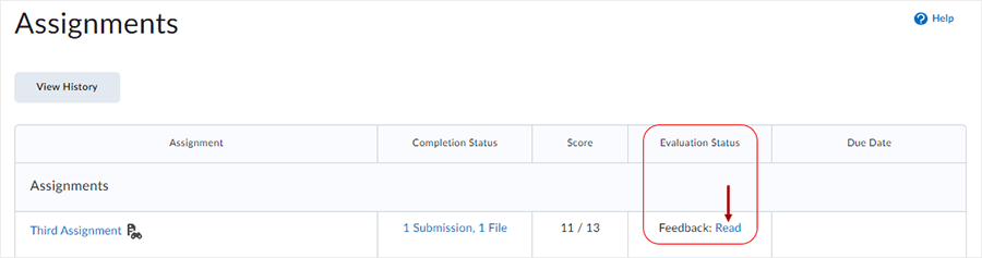 Brightspace screenshot 20.22.11 - "Evaluation Status" changed to "Feedback: Read"