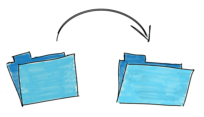 two blue folders with an arrow pointing from the left folder to the right folder, indicating a transfer or copy process