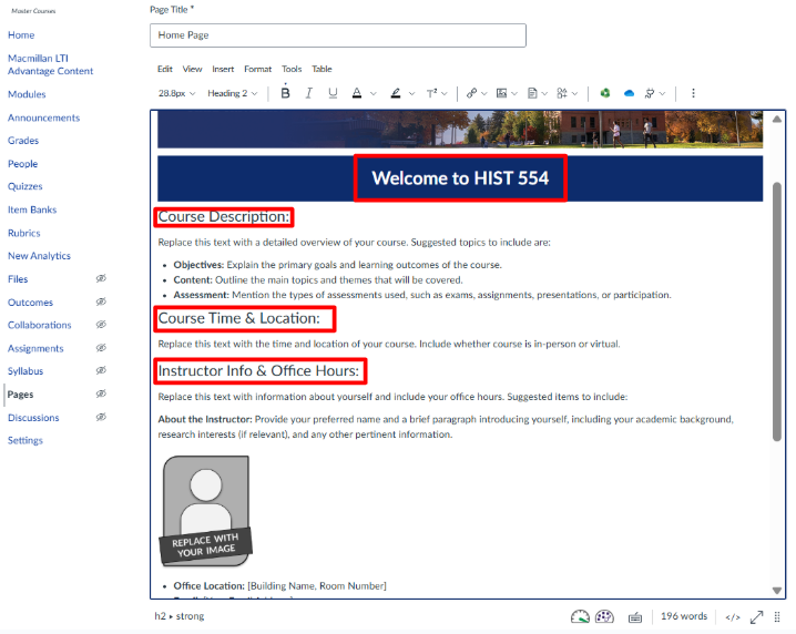 template home page edit window