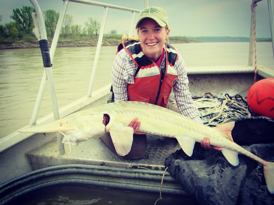 Addie Dutton with Pallid Sturgeon