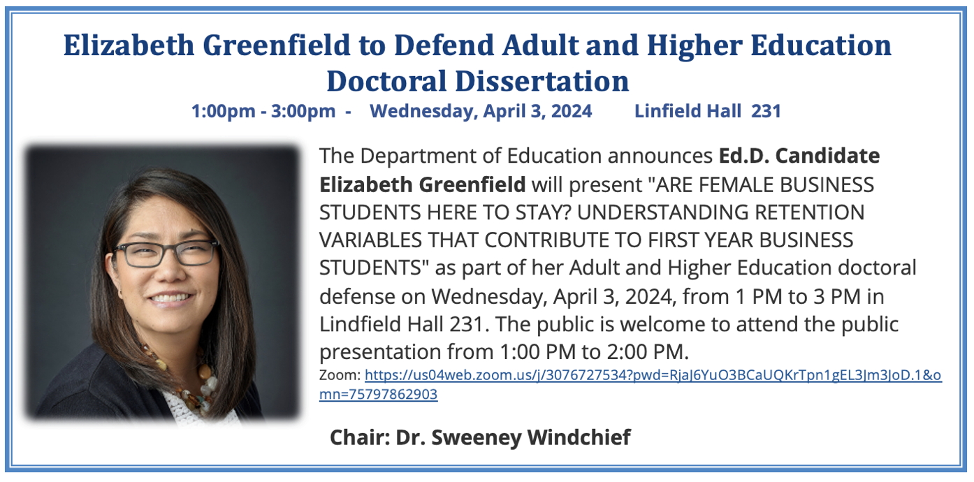 Elizabeth Greenfield to Defend Dissertation April 3, 2024, 1PM Lindfield Hall 231