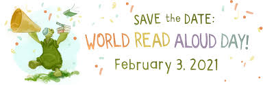 Turtle wearing a medical mask carrying books and a megaphone. Save the date. World Read Aloud Day. February 3, 2021.