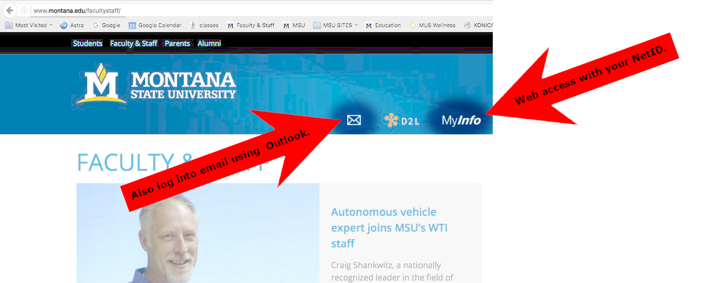 Montana State University website Faculty Staff page with red arrow pointing at email icon labeled, "Also log into email using Outlook," and red arrow pointing at MyInfo icon labeled, "Web access with your NetID."