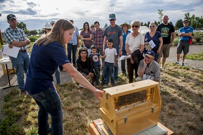 woman scientist showing people a bee hive