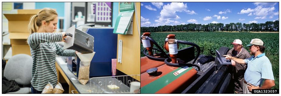 photo of female pouring seeds in lab and photo of men in field next to farm equipment