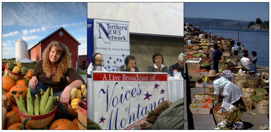 photo of a woman in front of red barn with baskets of produce, photo of a live broadcast of voices of montana, photo of a market by the wate