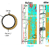 Left: Illustration of an annular leakage channel in a well. Right two panels: Well logs showing solid biominerals plugging channel