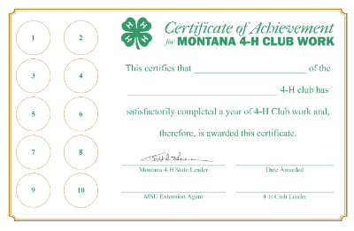 green and gold certificate of Achievement with circles for 1-10 years of completion stickers.