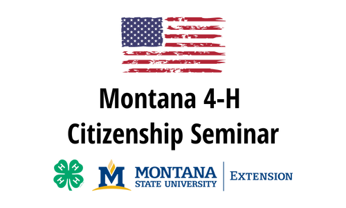 American flag with text Montana 4-H Citizenship Seminar below, followed by blue MSU Extension logo and green 4-H Clover