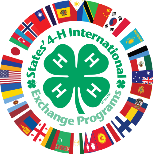 States 4-H logo with 32 flags around the green 4-H clover