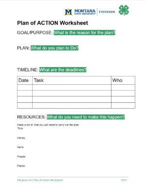 plan of action worksheet front page