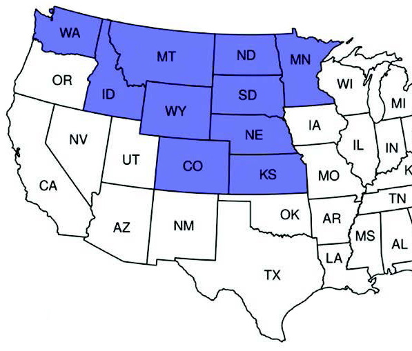 Map of western US showing States with known damaging populations or wheat stem sawfly (purple): Colorado, Idaho, Kansas, Minnesota, Montana, Nebraska, North Dakota, South Dakota, Washington, Wyoming.