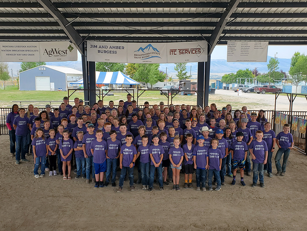 Broadwater County 4-H members underneath the 4-H Livestock Pavilion at the 2023 Broadwater County Fair.