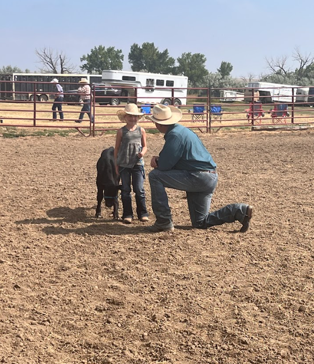 Mark King talks in a sandy arena with a child and her black-colored calf, Batman