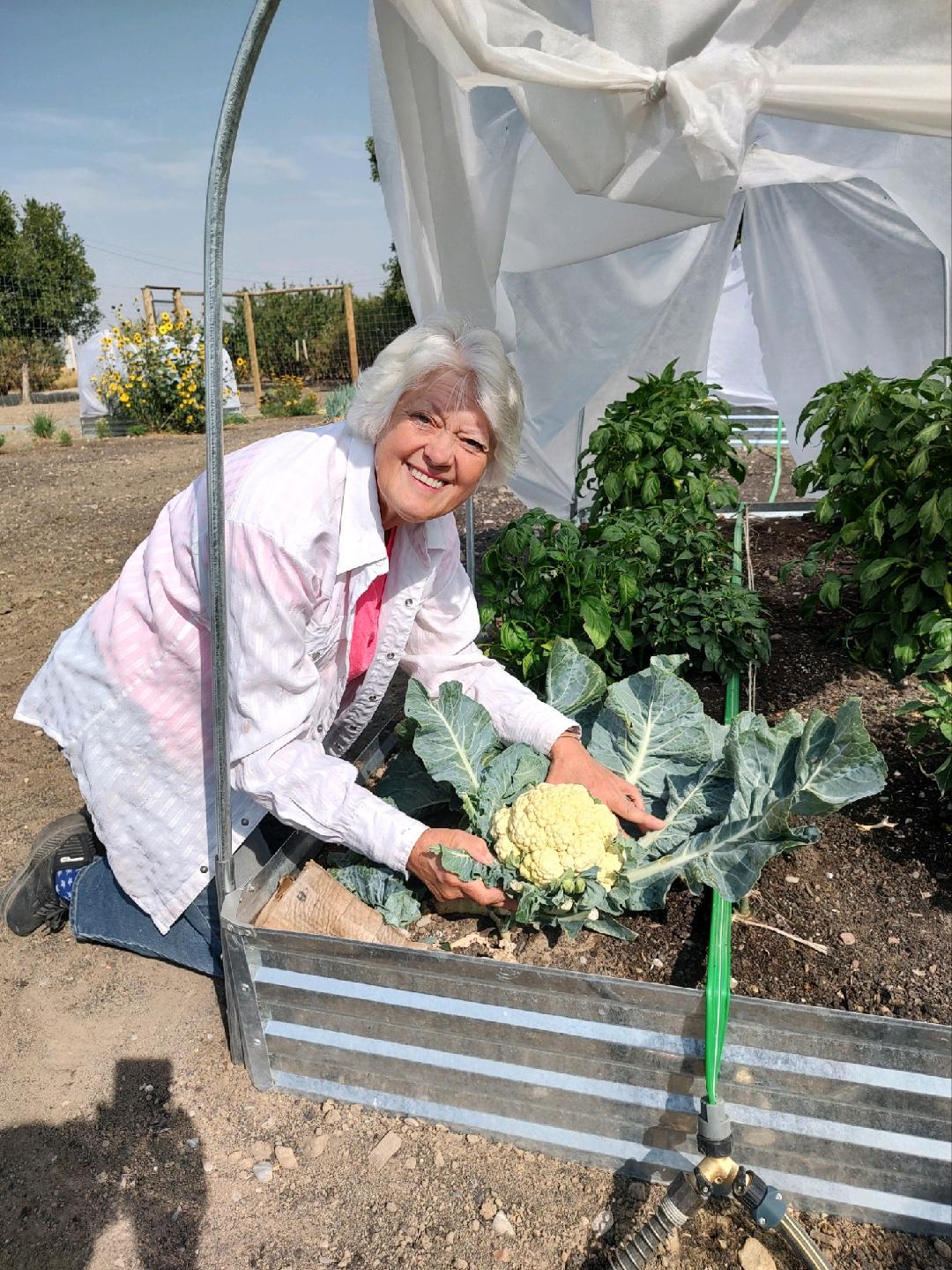 Sandi Bartsch, a program participant, shows a cauliflower from her home garden.