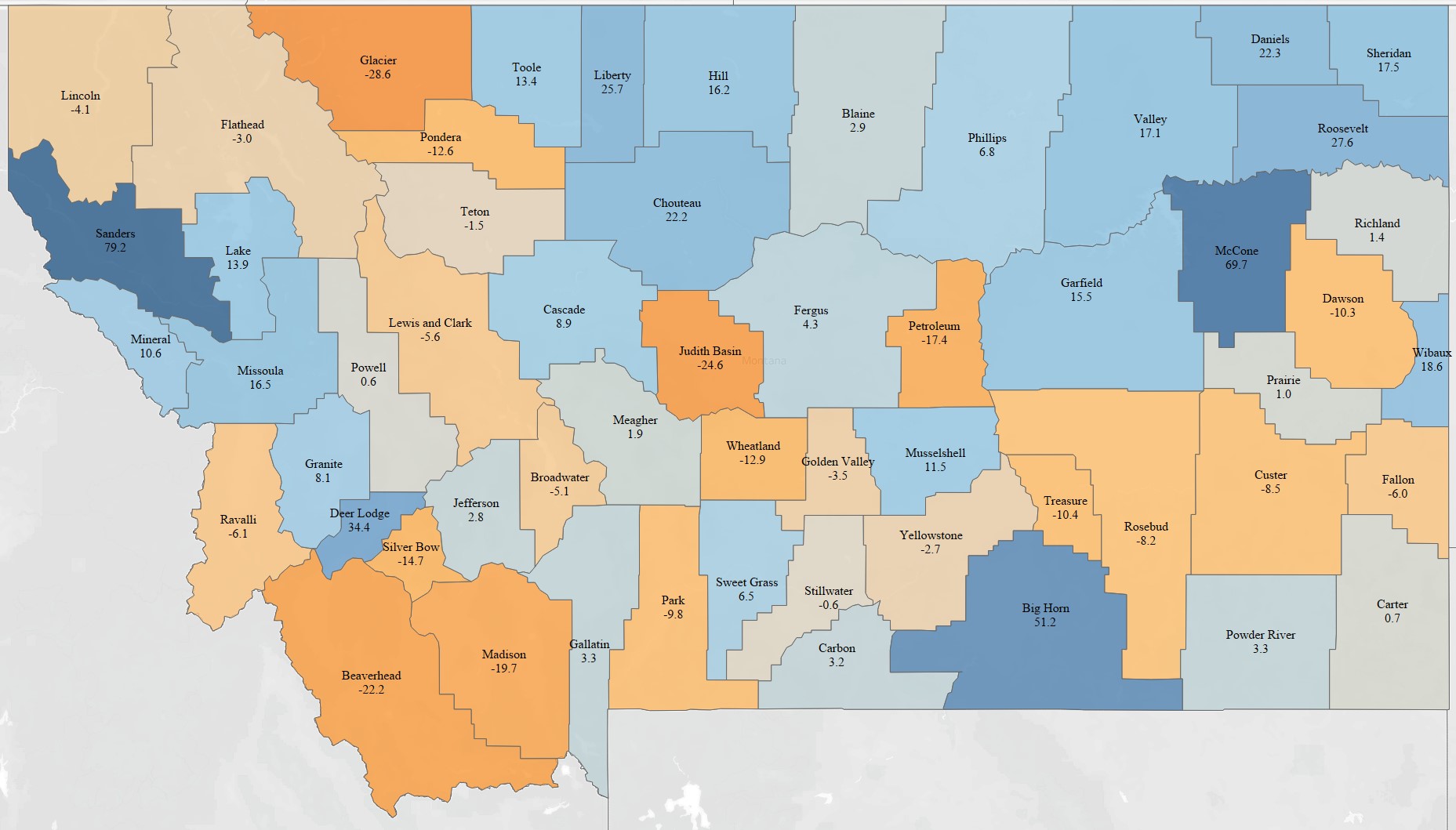 Map 5:  Percentage Change in Average Farm Size by Acres from 2012 to 2017