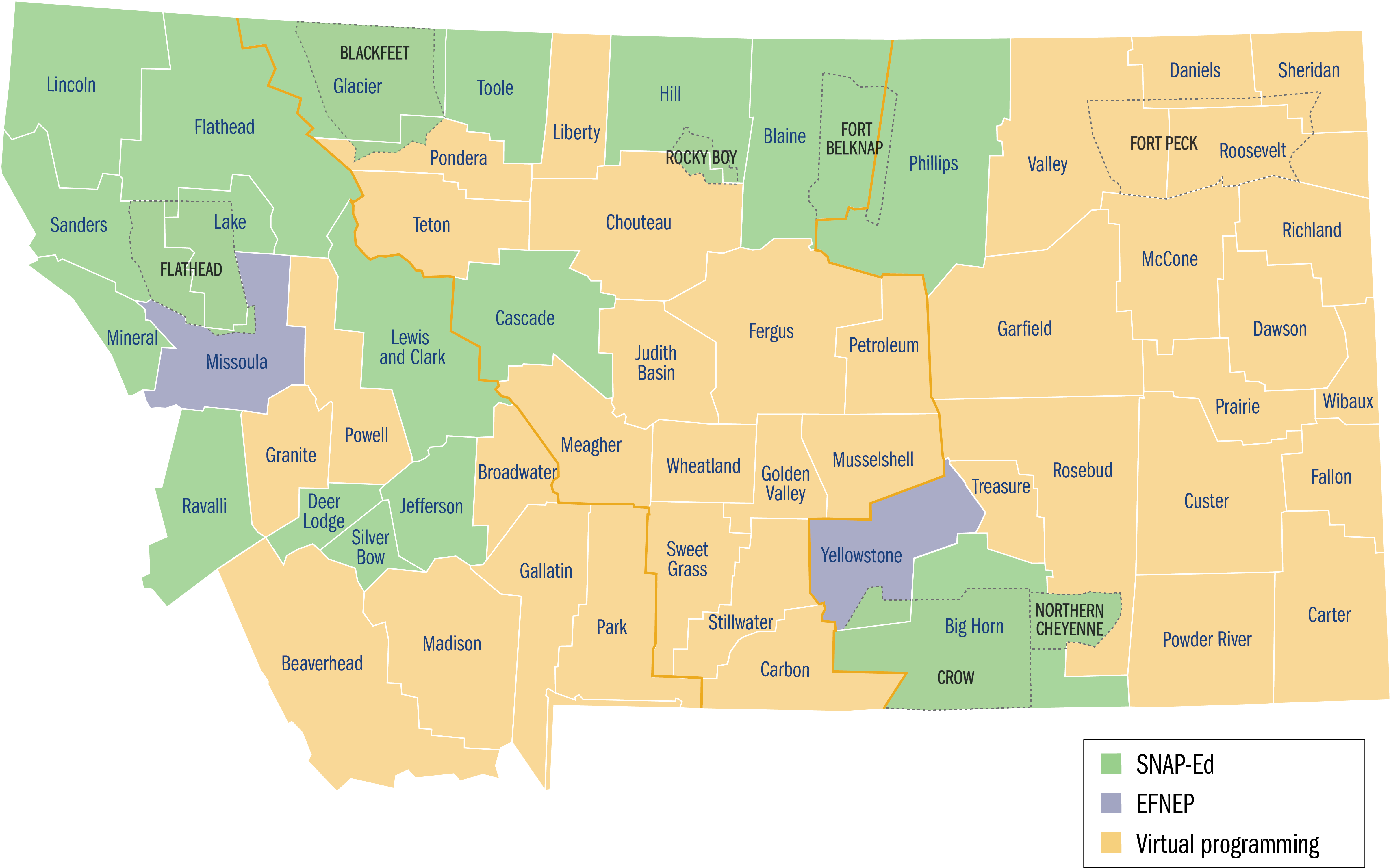 A map of the state of Montana with counties highlighted as either SNAP-Ed, EFNEP or Virtual Programming