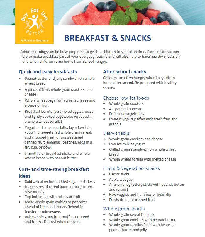 A snapshot of printable pdf of Breakfast and Snacks fact sheet.