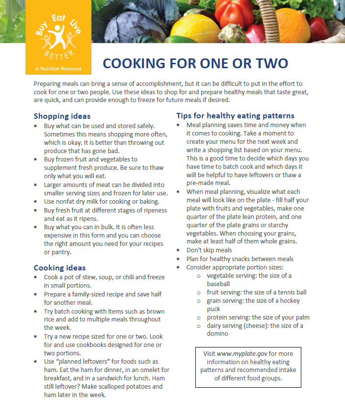 A snapshot of the Cooking for One factsheet printable PDF