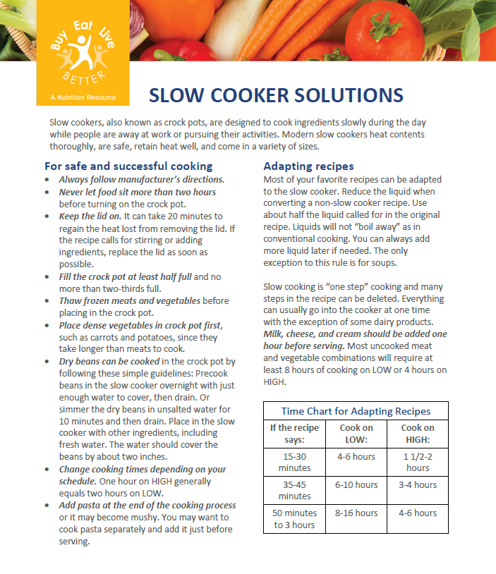 A snapshot of the Cooking With a Slow Cooker factsheet printable PDF