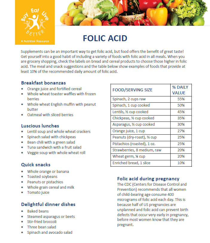 A snapshot of the Folic Acid factsheet printable PDF