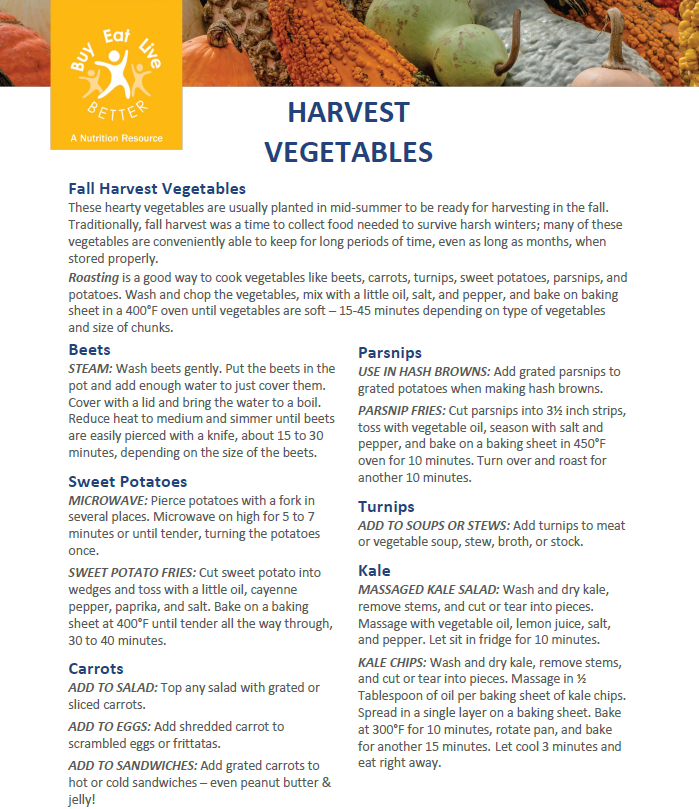A snapshot of the Harvest Vegetables factsheet printable PDF