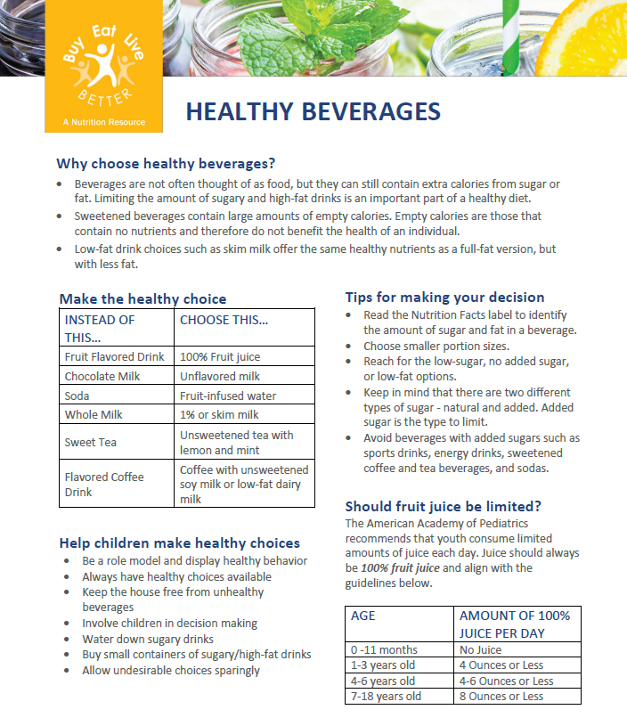 A snapshot of the Healthy Beverages factsheet printable PDF