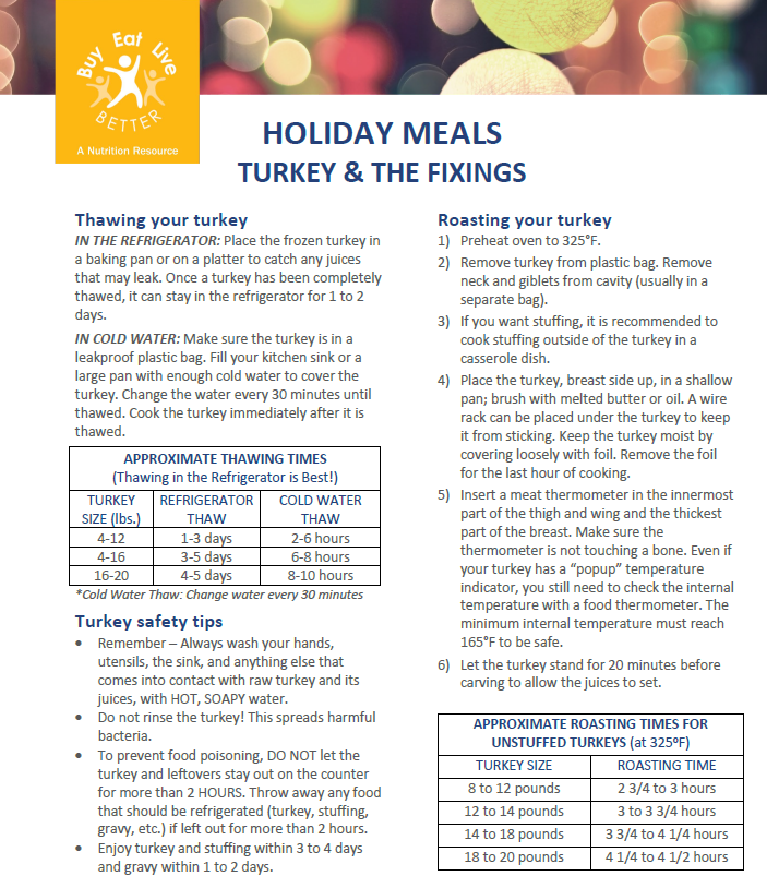 A snapshot of the Holiday Cooking factsheet printable PDF.