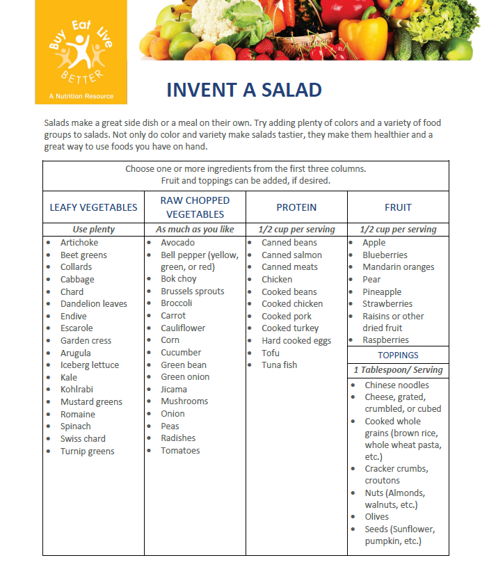 A snapshot of the Invent a Salad factsheet printable PDF
