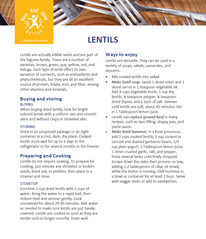 A snapshot of the Lentils factsheet printable PDF