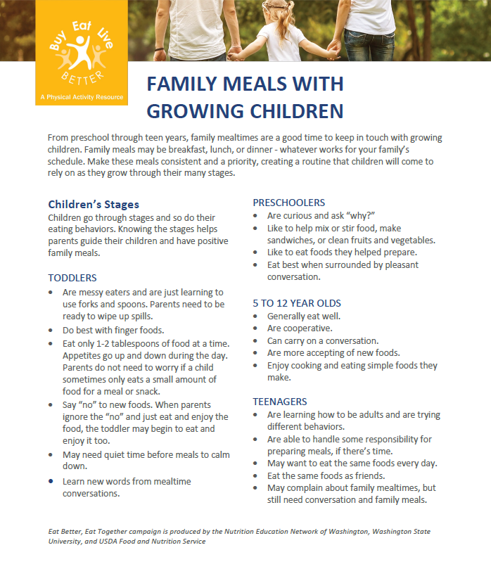 A snapshot of the Meals with Growing Children factsheet printable PDF