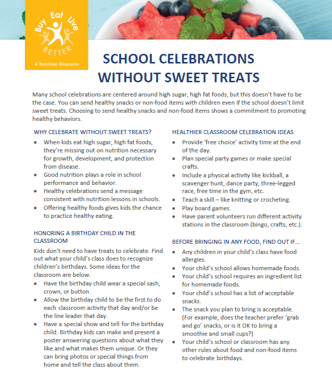 A snapshpt of the School Celebrations Without Sweet Treats factsheet printable PDF