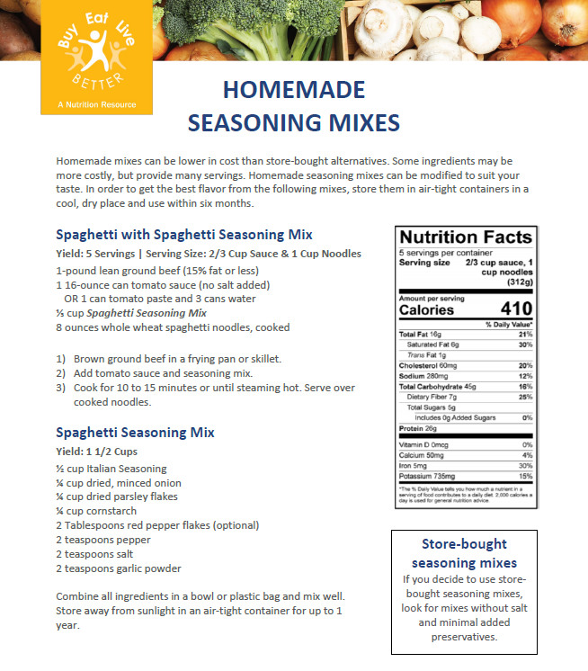 A snapshot of the Seasoning Mixes factsheet printable PDF