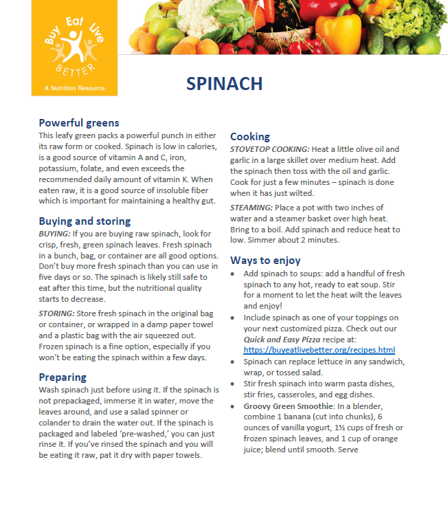 A snapshot of the Spinach factsheet printable PDF