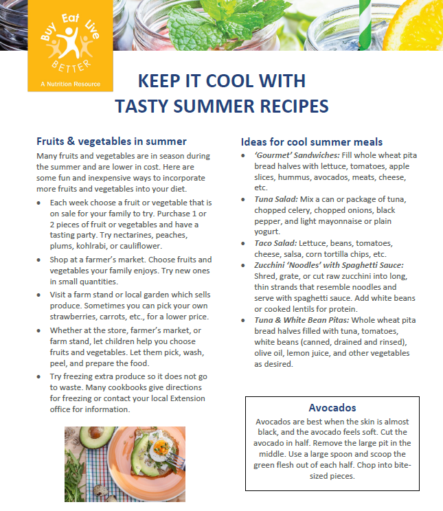 A snapshot of the Summer Recipes factsheet printable PDF