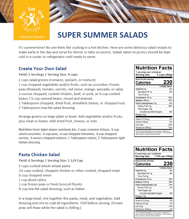 A snapshot of the Summer Salads factsheet printable PDF