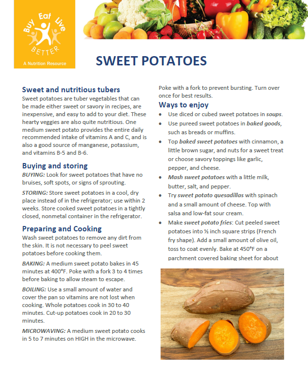 A snapshot of the Sweet Potatoes factsheet printable PDF